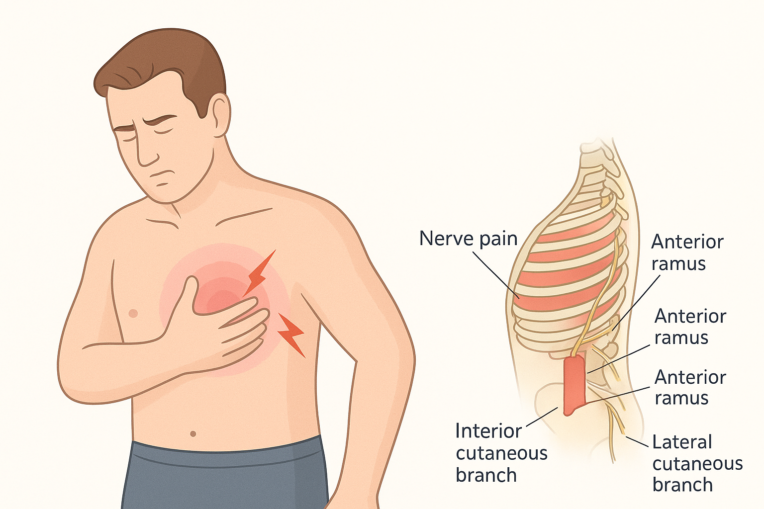 Medical diagram of nerve pain in chest and ribs